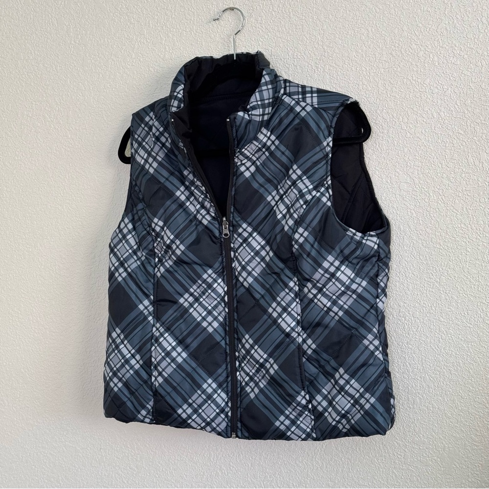 SJB Active Womens Reversible Quilted Puffy‎ Vest size L Green Black Plaid
